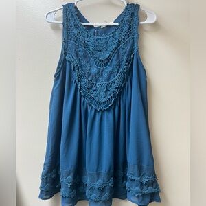 Entro Anthropologie Blue Teal Boho Crochet Embellishment Top Size S